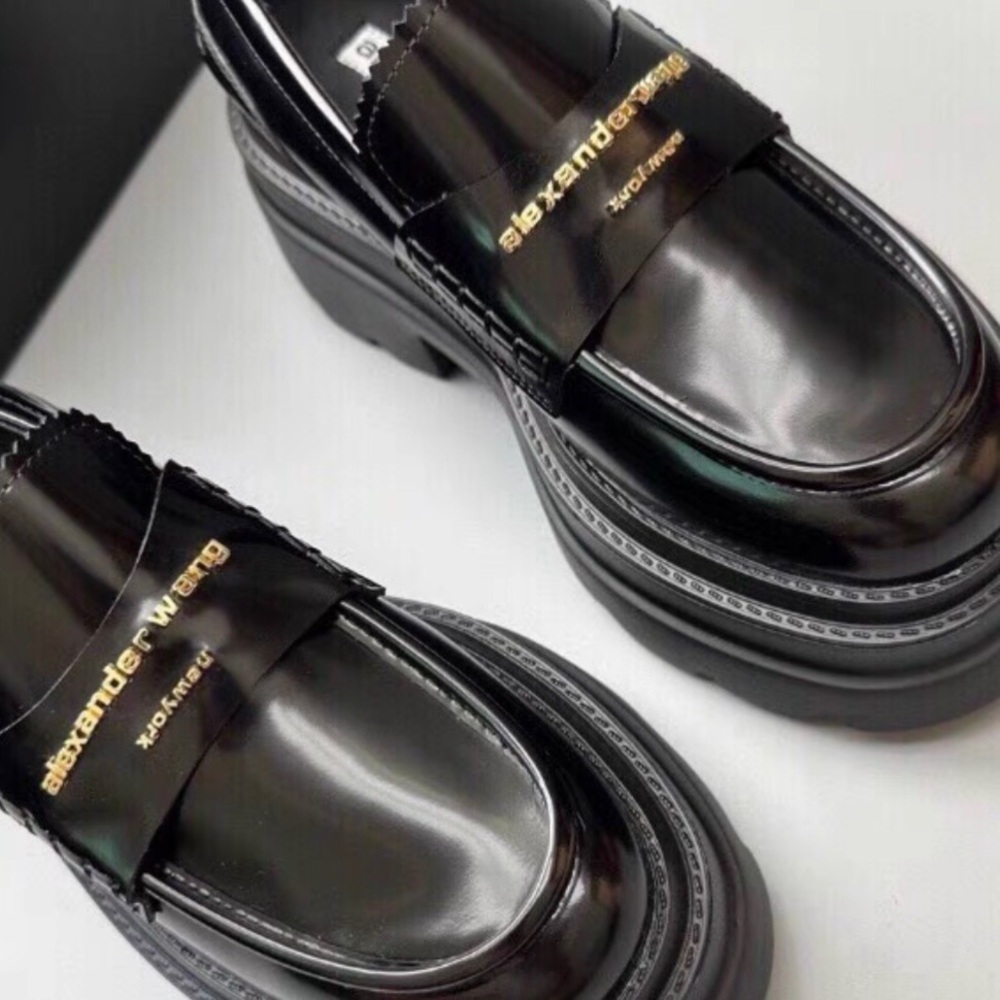 Alexander Wang Black Platform Loafers with Gold Logo